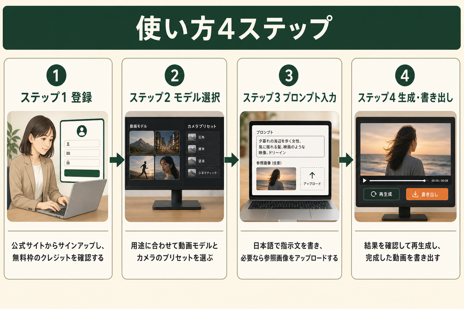 Higgsfieldの使い方｜アカウント登録からモデル選択・プロンプト入力・生成と書き出しまでの4ステップの流れ