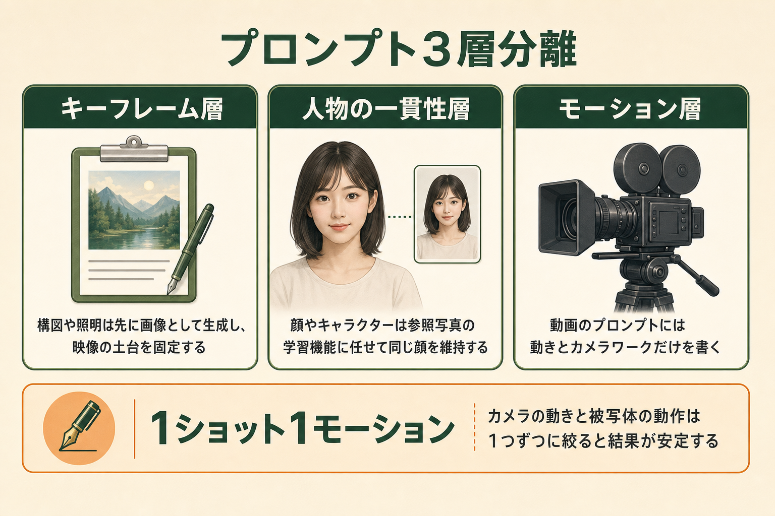 生成品質を安定させるプロンプト設計の考え方｜キーフレーム・人物の一貫性・モーションの3層に役割分担し、1ショット1モーションに絞る