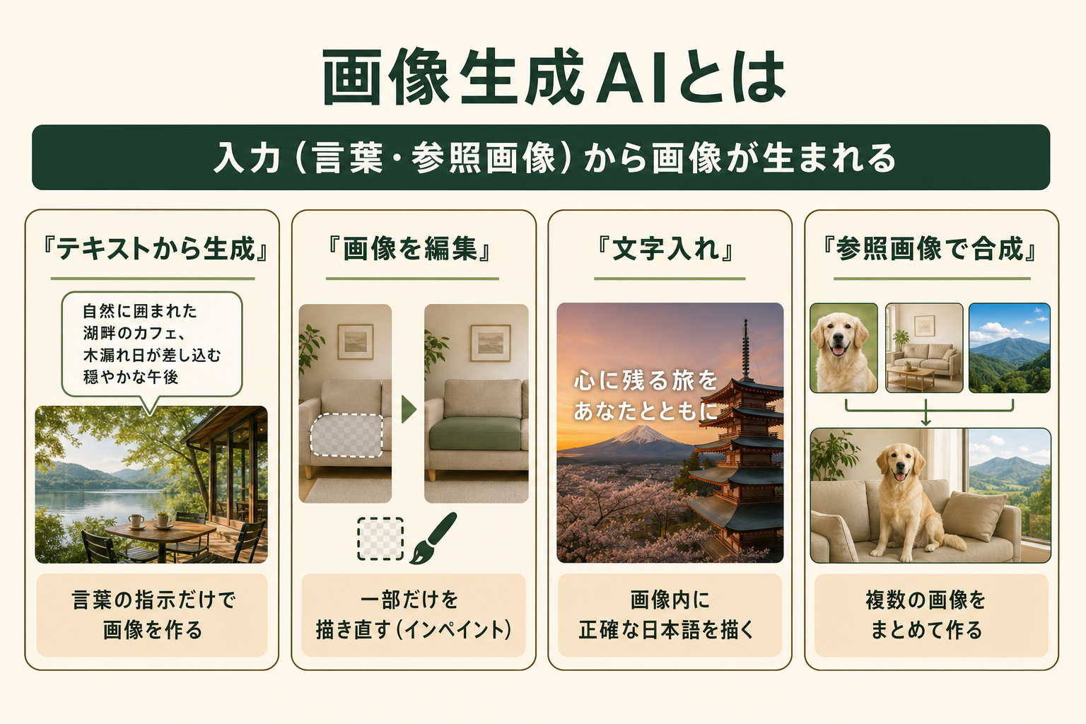 画像生成AIが言葉や参照画像から画像を生む流れを、テキストから生成・画像の編集（インペイント）・画像内への文字入れ・参照画像での合成という4つの機能で示した図