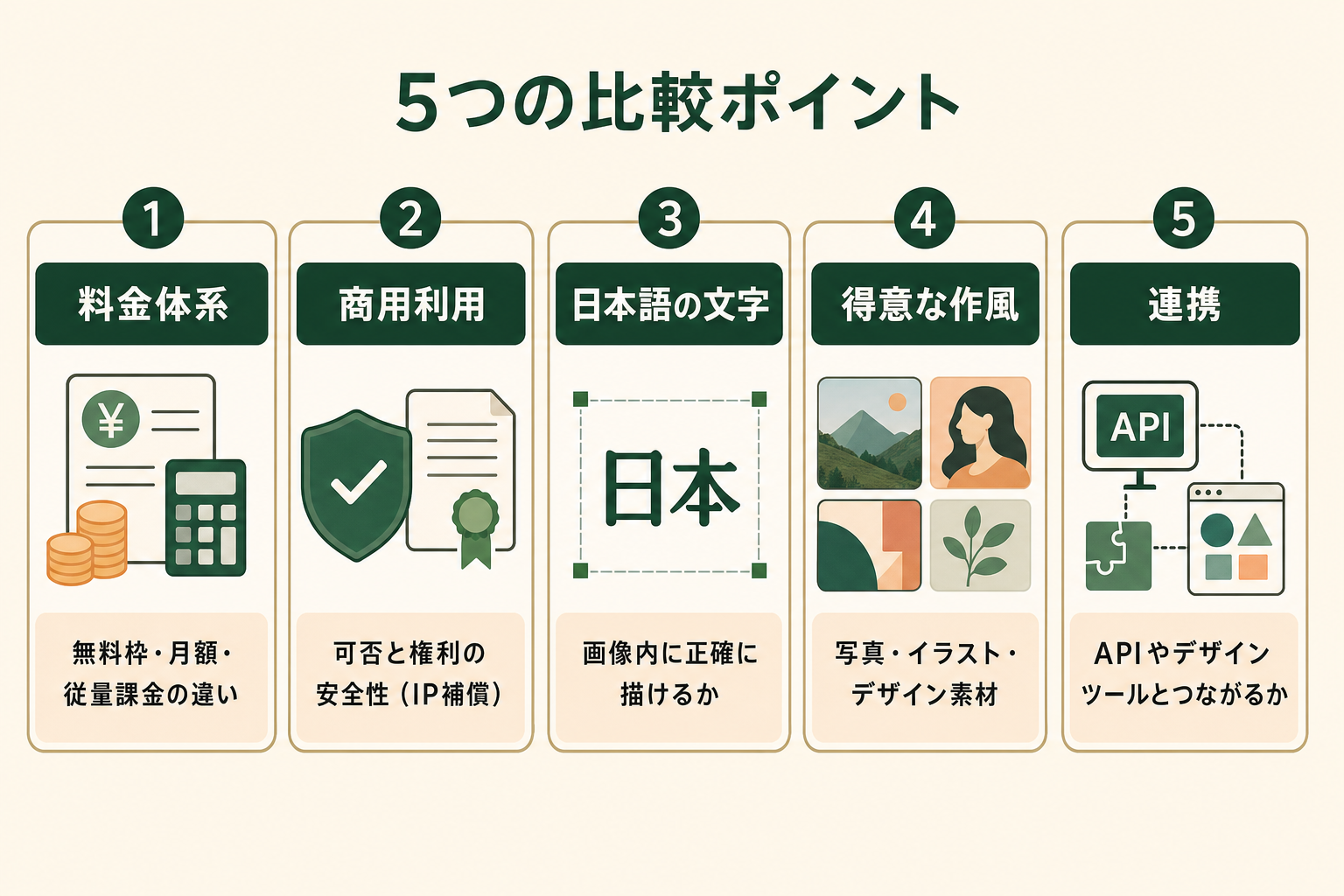 画像生成AIサービスの選び方を、料金体系・商用利用と権利の安全性（IP補償）・画像内の日本語文字・得意な作風・API/ツール連携の5つの比較ポイントで整理した図