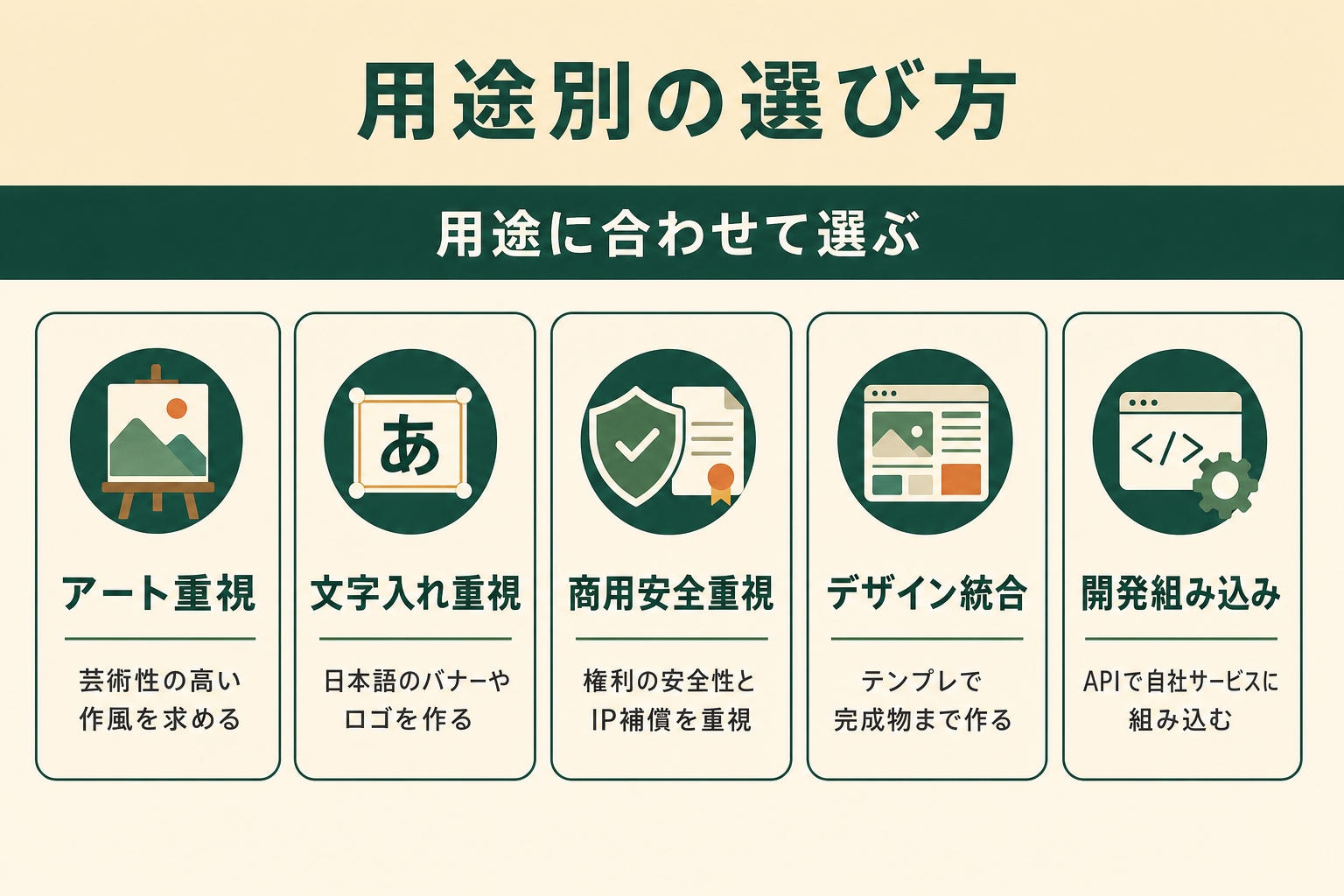 用途別の画像生成AIの選び方を、アート重視・文字入れ重視・商用安全重視・デザイン統合・開発組み込みという5つの用途とおすすめの方向性で示した図