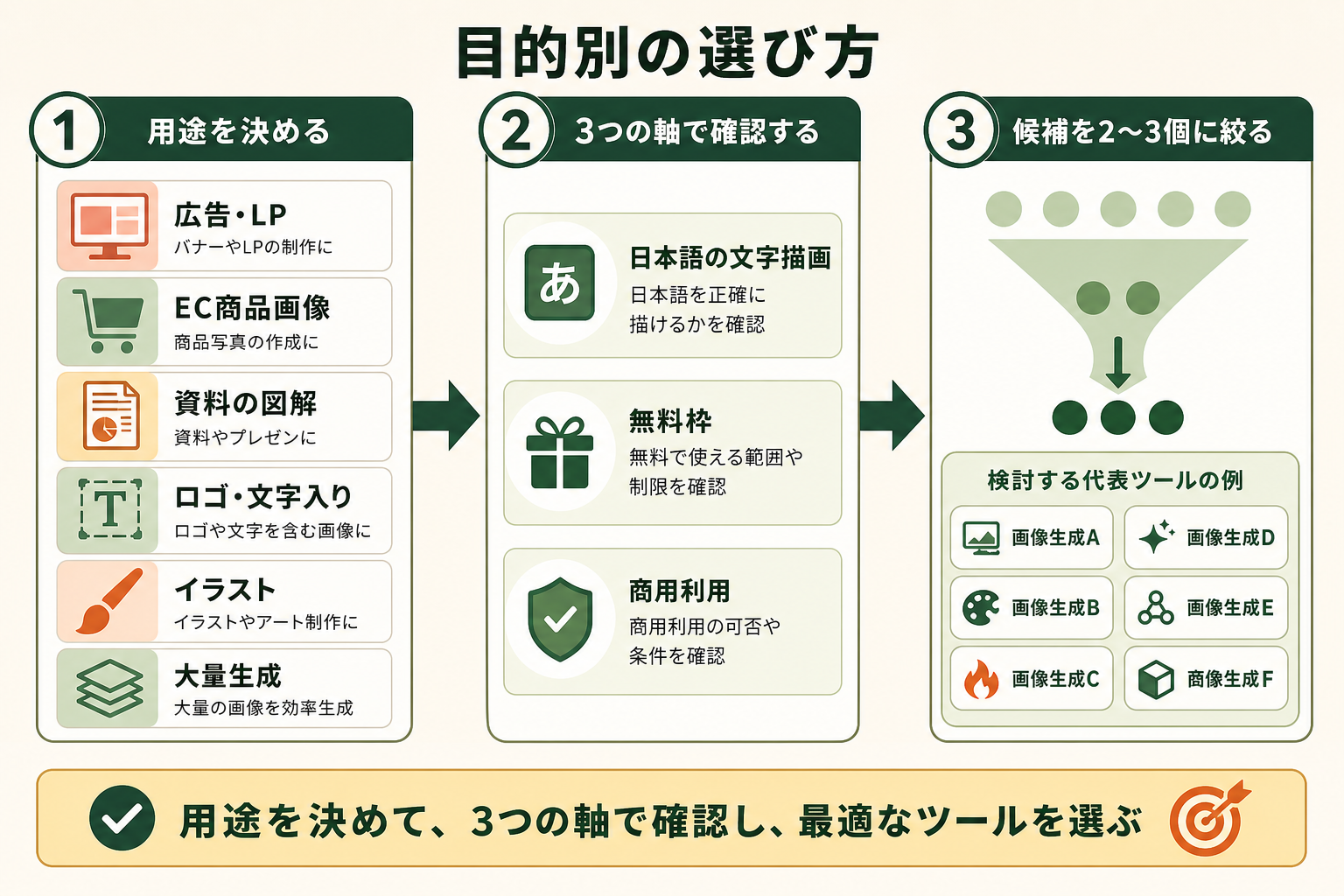 画像生成AIを目的別に選ぶ手順を、左から右へ進む選定フローの概念図で示す。種類が多くても迷わず候補を絞れる流れを一目で伝える。