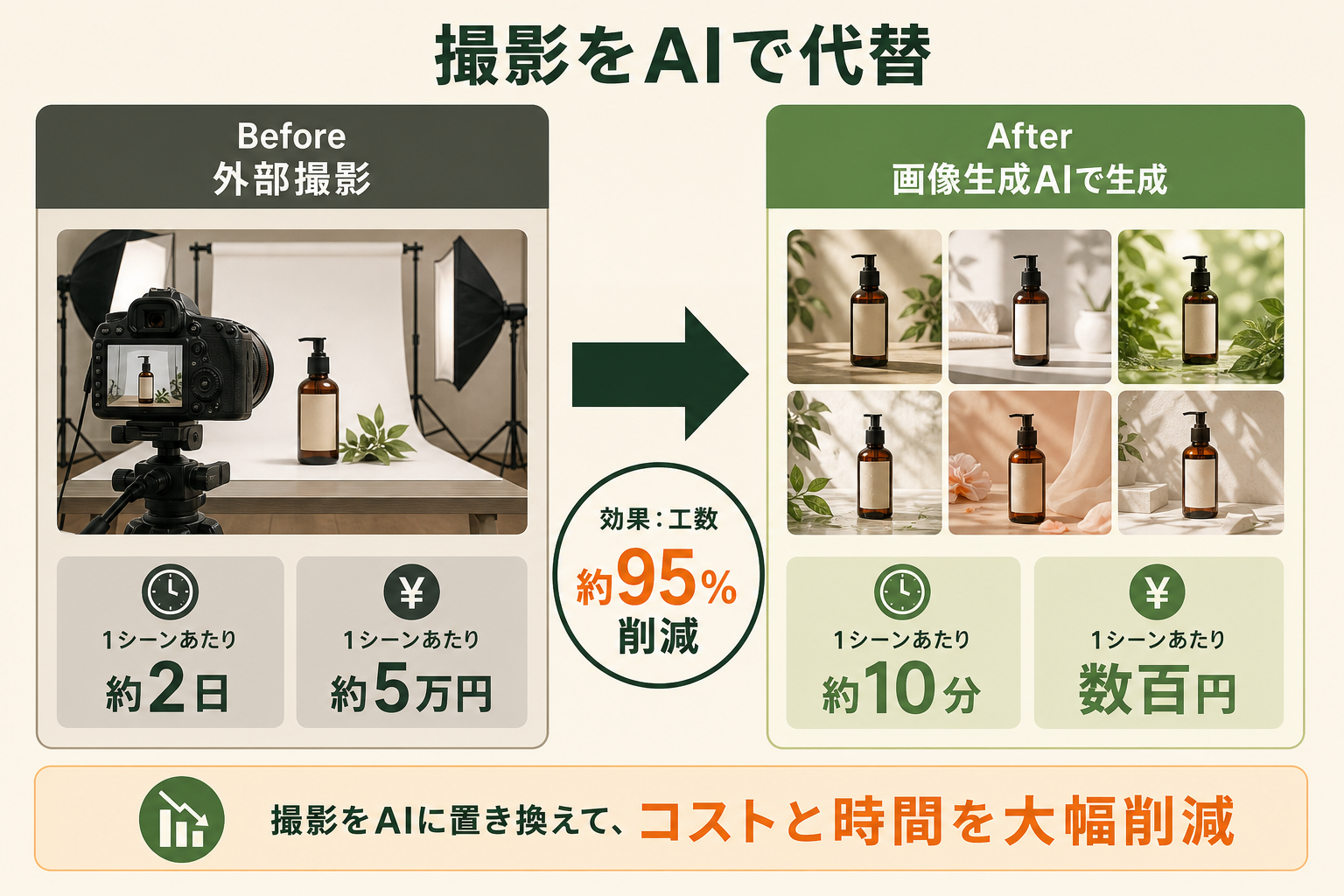 商品シーン画像の制作を外部撮影から画像生成AIに切り替えたことによる、Before/Afterの変化を左右対比の図で示す。コストと時間が大きく下がったことを直感的に伝える。