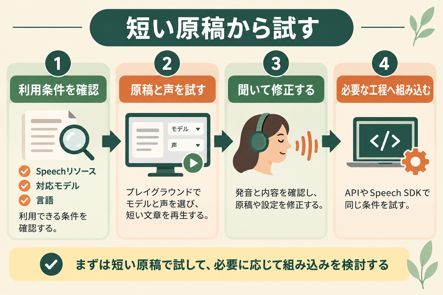 短い原稿から試すの図解。利用条件を確認、原稿と声を試す、聞いて修正する、必要な工程へ組み込む