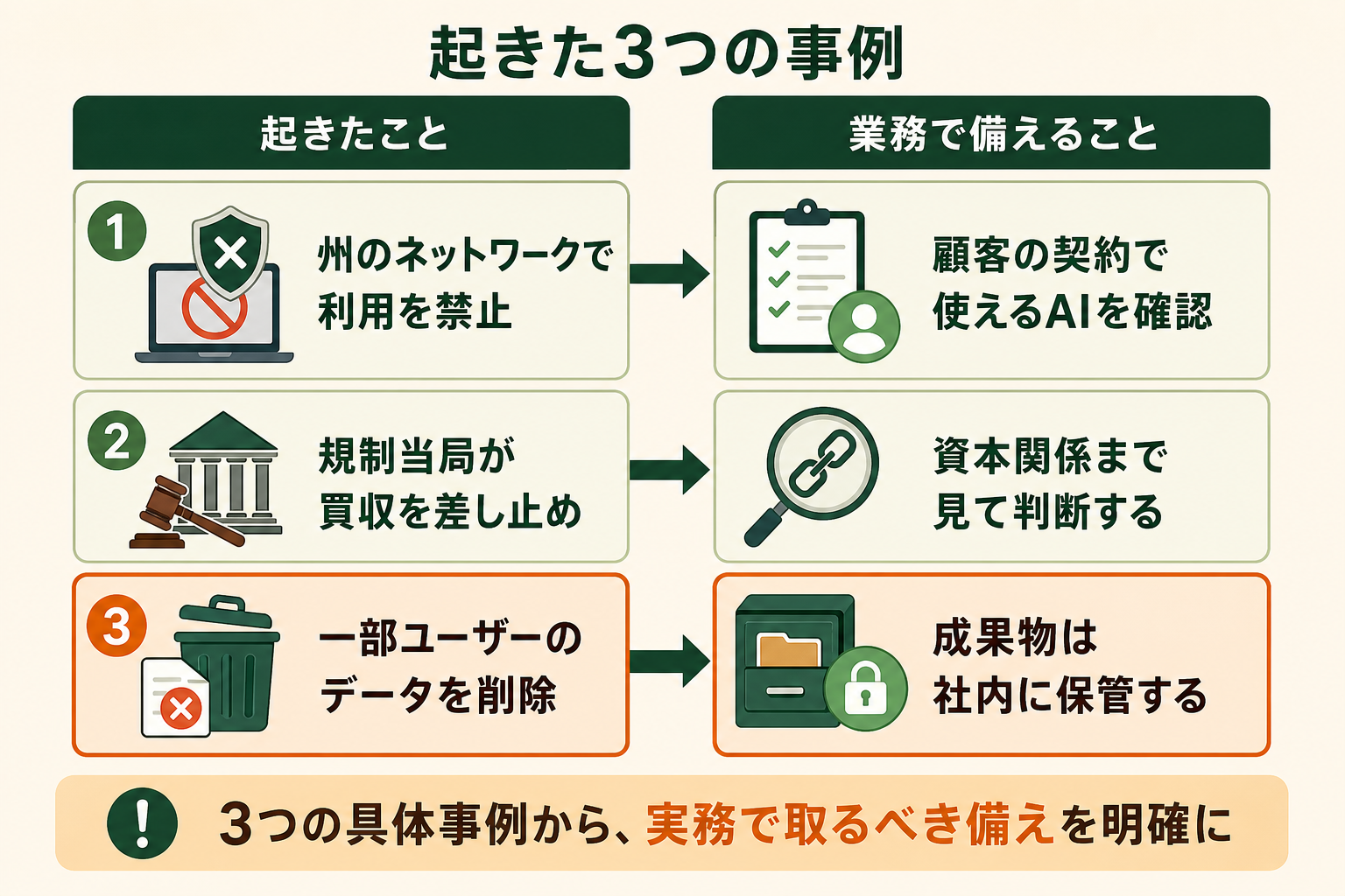 起きた3つの事例の図解。州のネットワークで利用を禁止、規制当局が買収を差し止め、一部ユーザーのデータを削除、起きたこと