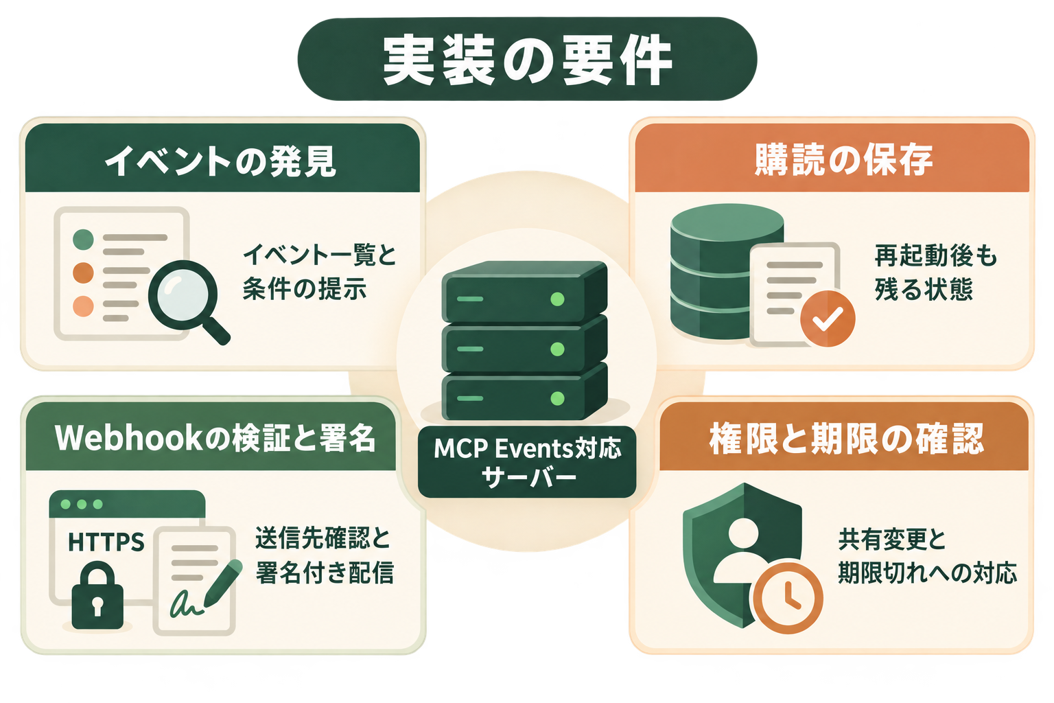 MCP Events対応サーバーを中心に、イベントの発見、購読の保存、Webhookの検証と署名、権限と期限の確認を並列に示す図