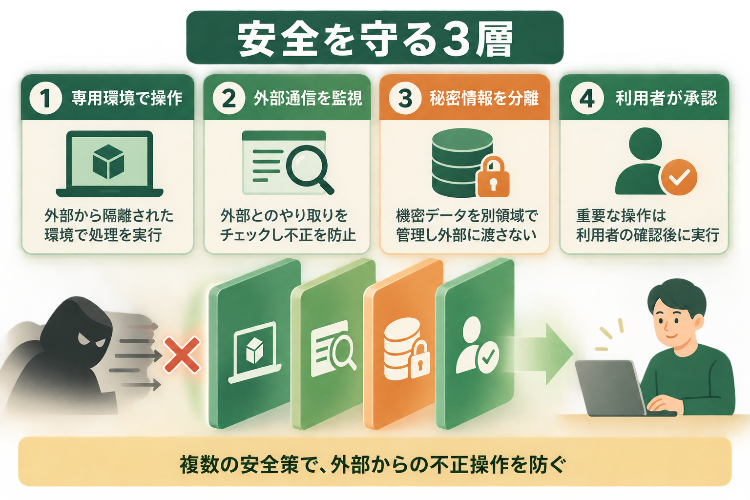 Meta Museが実行環境、監視、利用者確認を分けて安全性を高める構造を5秒で理解できる図にする。