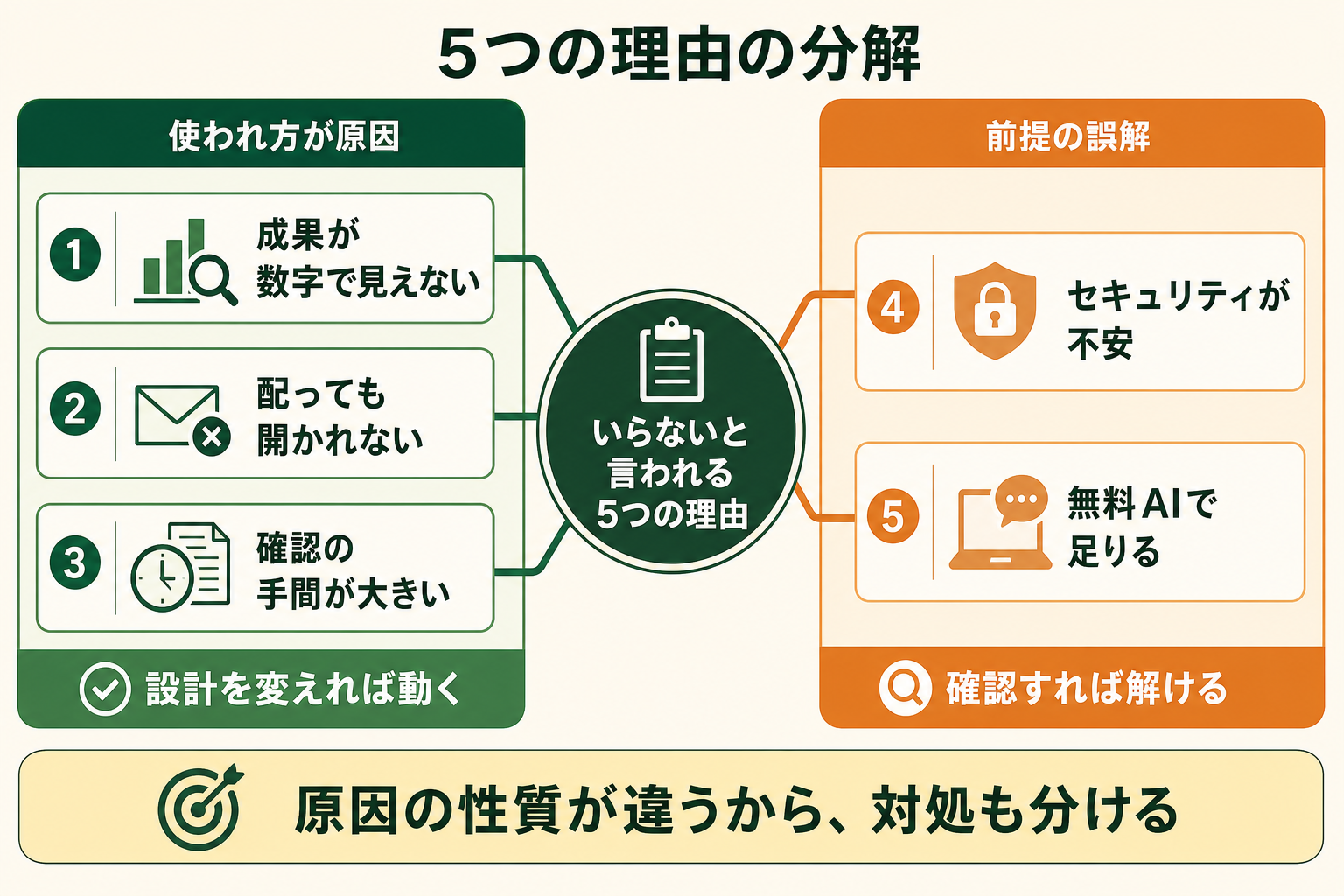「Copilotはいらない」という社内の声が、実は性質の異なる2群に分かれていることを1枚で理解させる。読者が自社の声をどちらの群に当てはめればよいか判断できる状態にする。