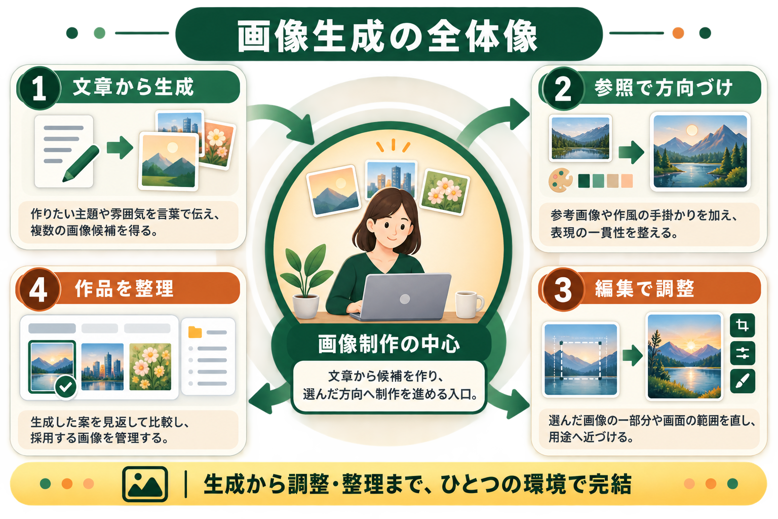 非エンジニアのマーケ担当者が、文章による画像生成を中心に参照・編集・整理まで一つの制作環境で進められる全体像を5秒で読み取れる図にする。