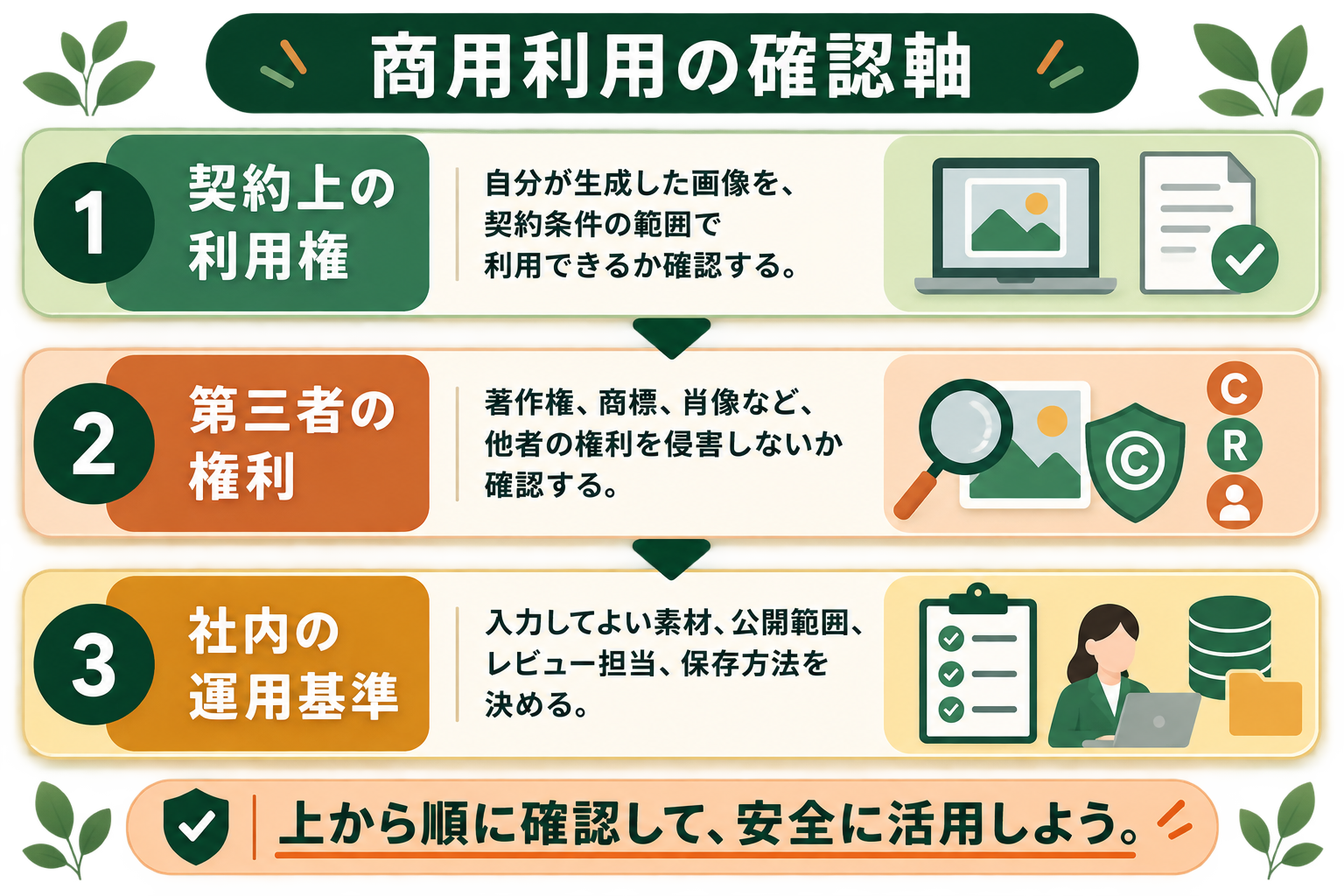 非エンジニアのマーケ担当者が、仕事で画像を使う前に確認すべき三つの層を上位から順に5秒で把握できる図にする。