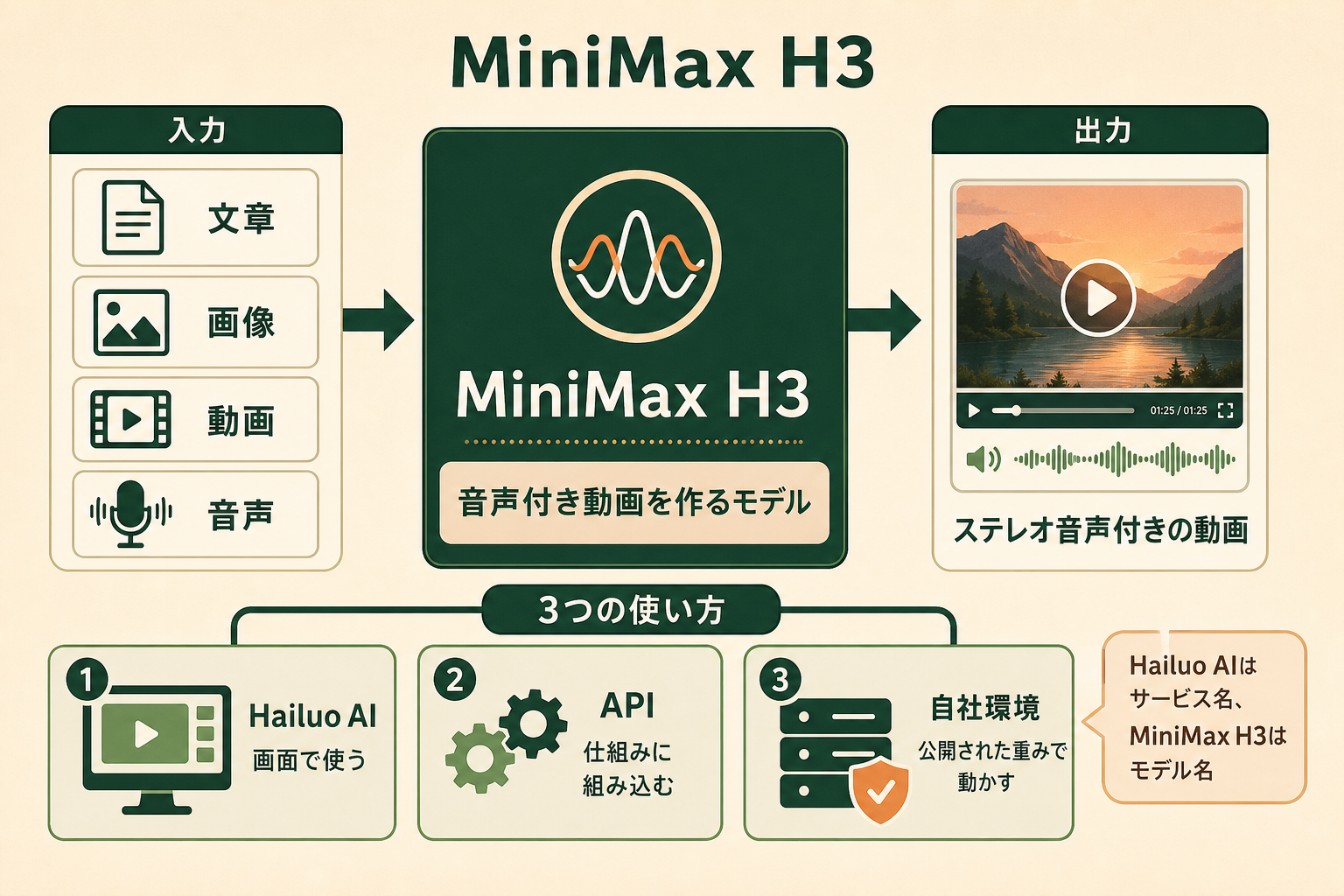 MiniMax H3の図解。文章、画像、動画、音声、ステレオ音声付きの動画、Hailuo AI：画面で使う