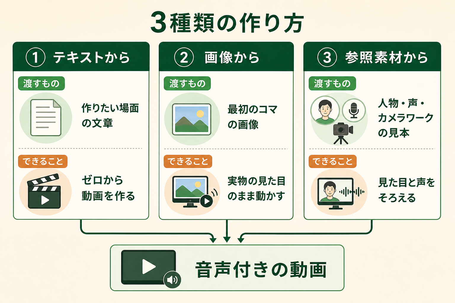 3種類の作り方の図解。テキストから、画像から、参照素材から、音声付きの動画