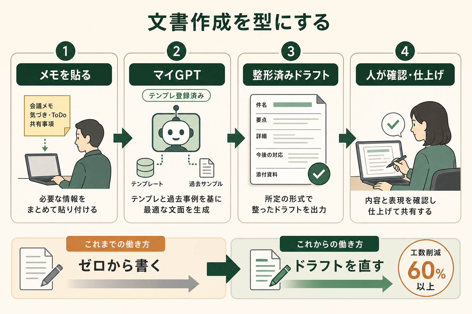 定型文書（週報・議事録・案内文）の作成をマイGPTで型化すると、仕事の流れが「ゼロから書く」から「AIのドラフトを直す」に変わることを可視化する。