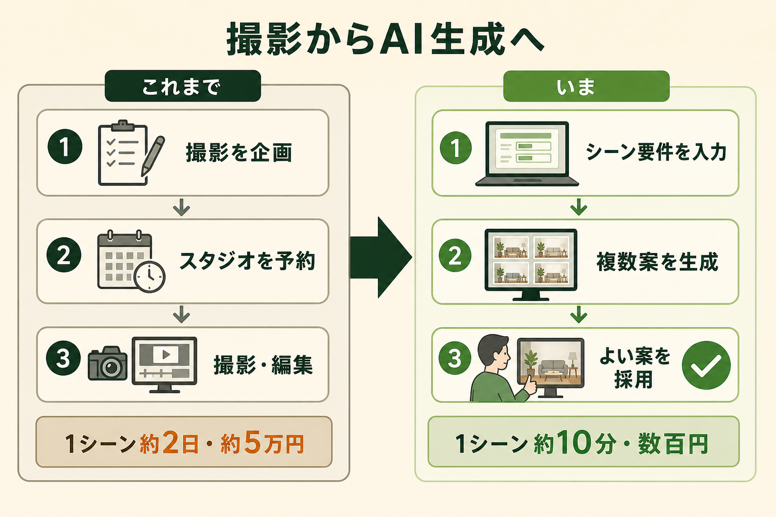 撮影からAI生成への図解。これまで、いま