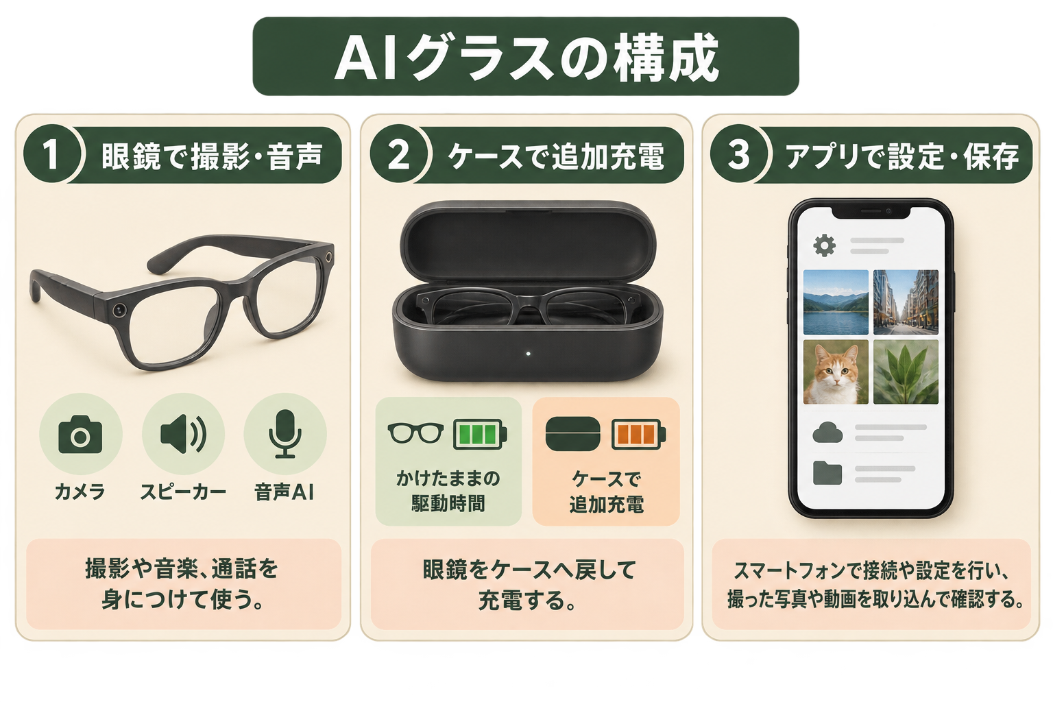 AIグラスの構成の図解。眼鏡で撮影・音声、ケースで追加充電、アプリで設定・保存