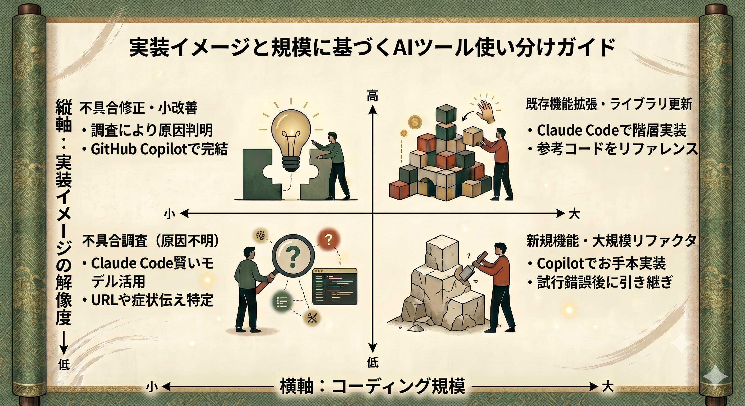 実装イメージの解像度（縦軸）とコーディング規模（横軸）の四象限でAIツールを使い分けるガイド図。小規模×高解像度は不具合修正をGitHub Copilotで完結、大規模×高解像度は既存機能拡張をClaude Codeで階層実装、小規模×低解像度は不具合調査にClaude Codeの賢いモデルを活用、大規模×低解像度は新規機能をCopilotでお手本実装し試行錯誤後にClaude Codeへ引き継ぐ