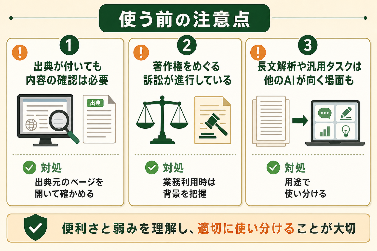 Perplexityを使う前に押さえておきたい3つの注意点を、項目ごとに整理して理解できるようにする。便利さだけでなく弱みもセットで把握できることがゴール。