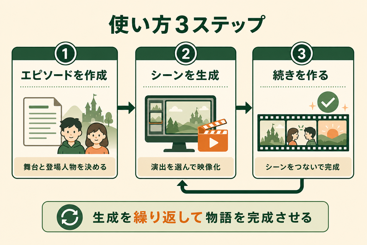 PopPixsでアニメ動画を作る流れが3ステップで完結することを、左から右への手順図で直感的に伝える。各ステップで何をするかを短い言葉で示し、「生成を繰り返して物語を完成させる」流れを見せる。