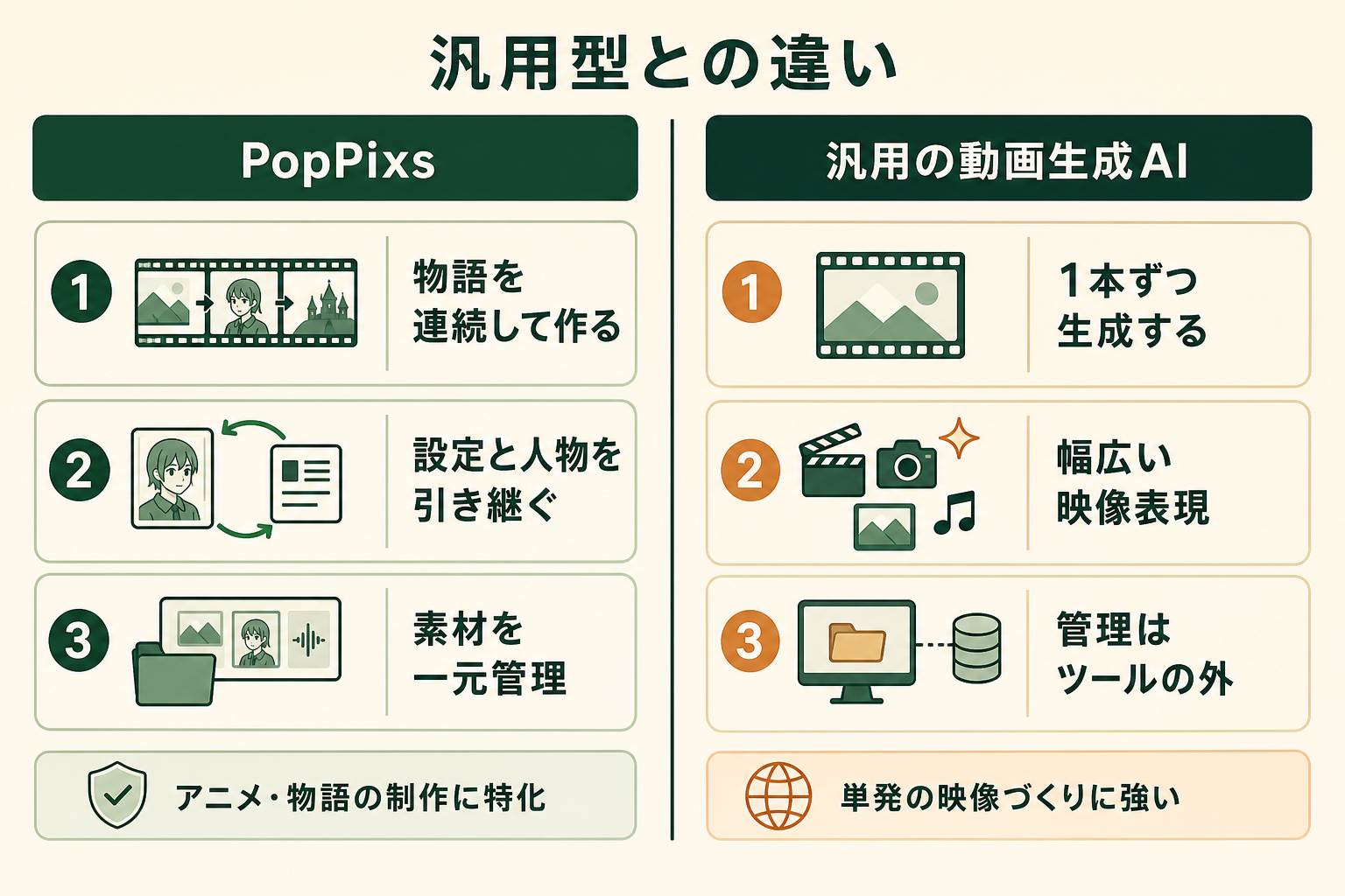 アニメ制作に特化したPopPixsと、汎用の動画生成AIツールの設計思想の違いを左右対比で示す。優劣ではなく「作りたいものが違えば選ぶツールが変わる」ことを伝える対比図。