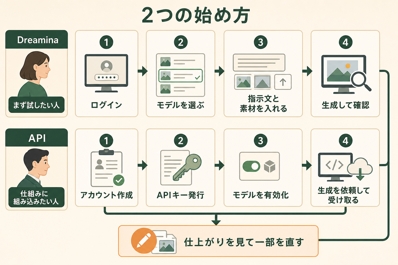 2つの始め方の図解。Dreamina、API、まず試したい人