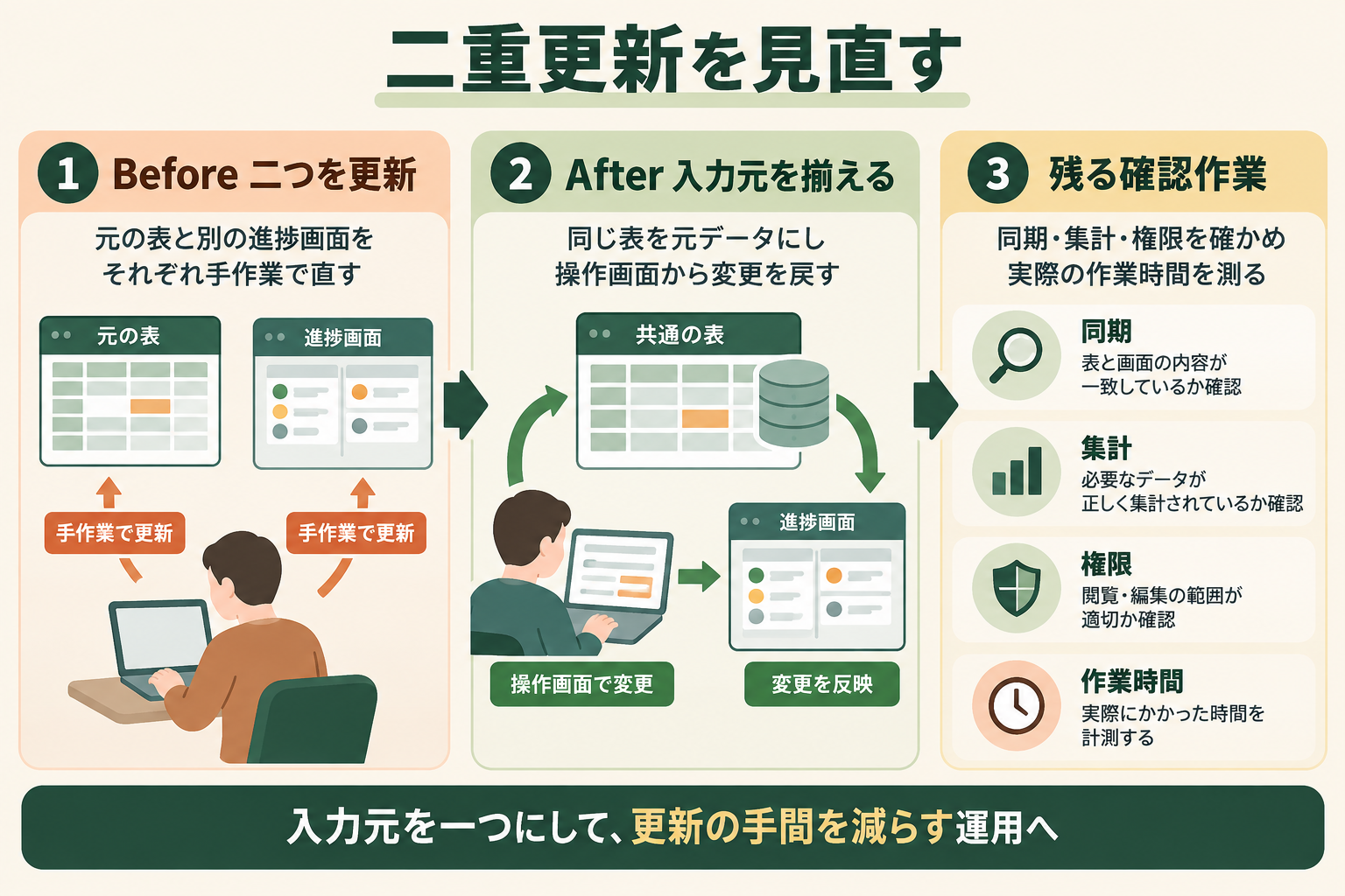 二重更新を見直すの図解。Before 二つを更新、After 入力元を揃える、残る確認作業