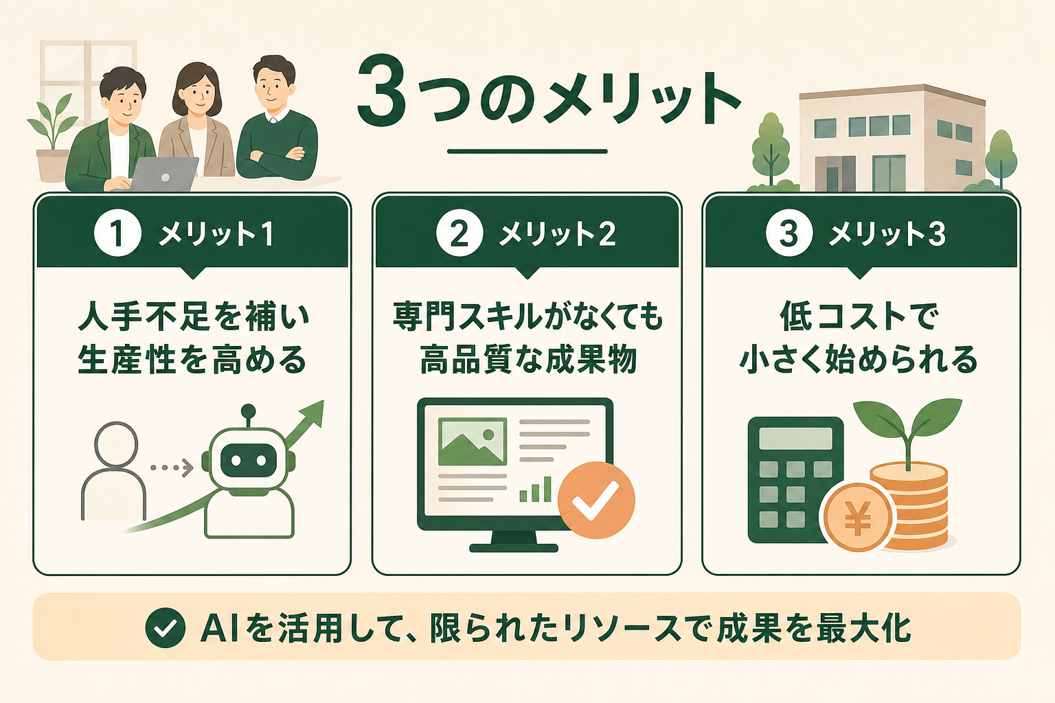 中小企業が生成AIを活用することで得られる代表的な3つのメリットを、横並びで対比できるように整理した図にする。