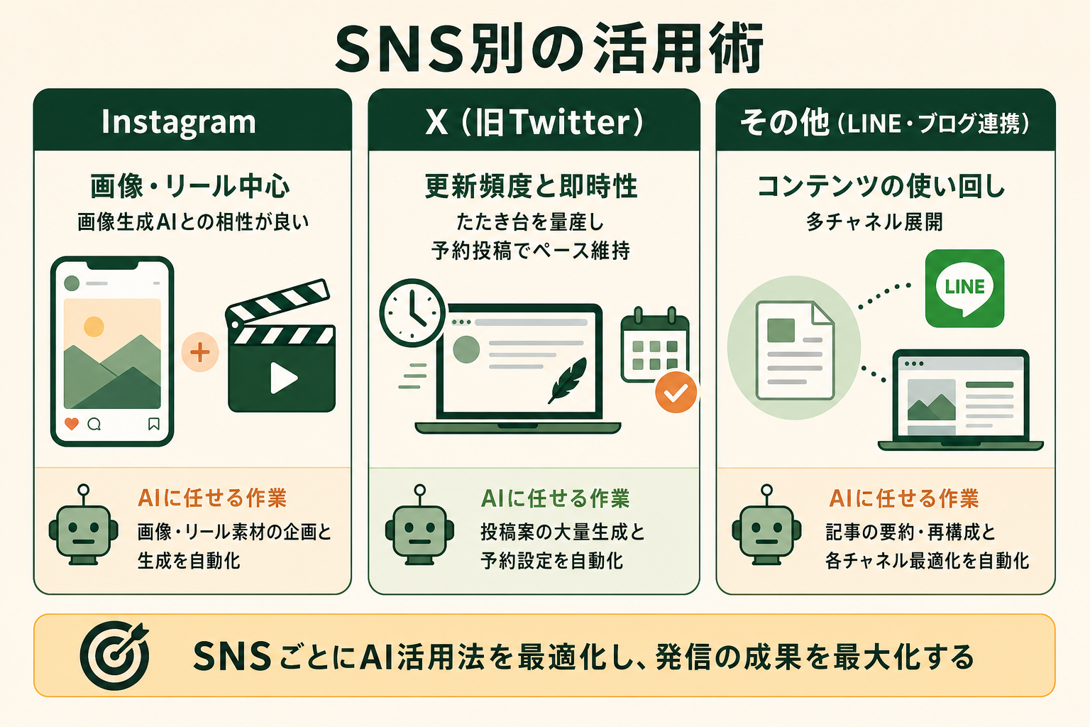 主要なSNSごとに、AI自動投稿で押さえるべき活用ポイントが異なることを、プラットフォーム別に並べて比較できる概念図にする。
