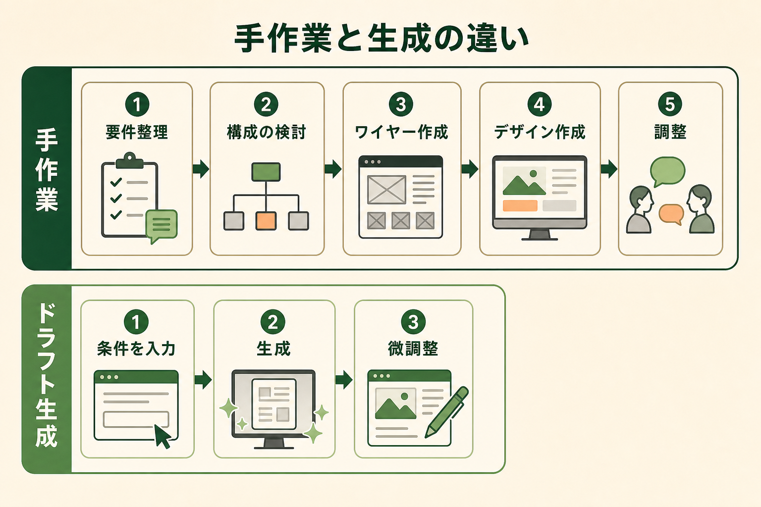 初期工程を手作業で進めた場合と、AIでドラフトを生成した場合とで、担当者が踏む工程がどう変わるのかを対比で示す。