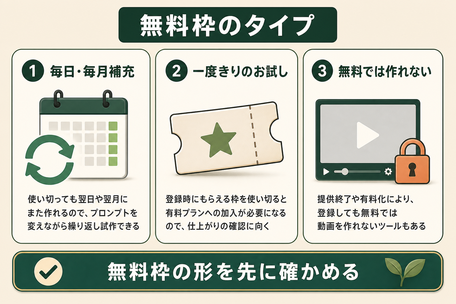 無料の動画生成AIの無料枠の3タイプ。毎日・毎月補充、一度きりのお試し、無料では作れない