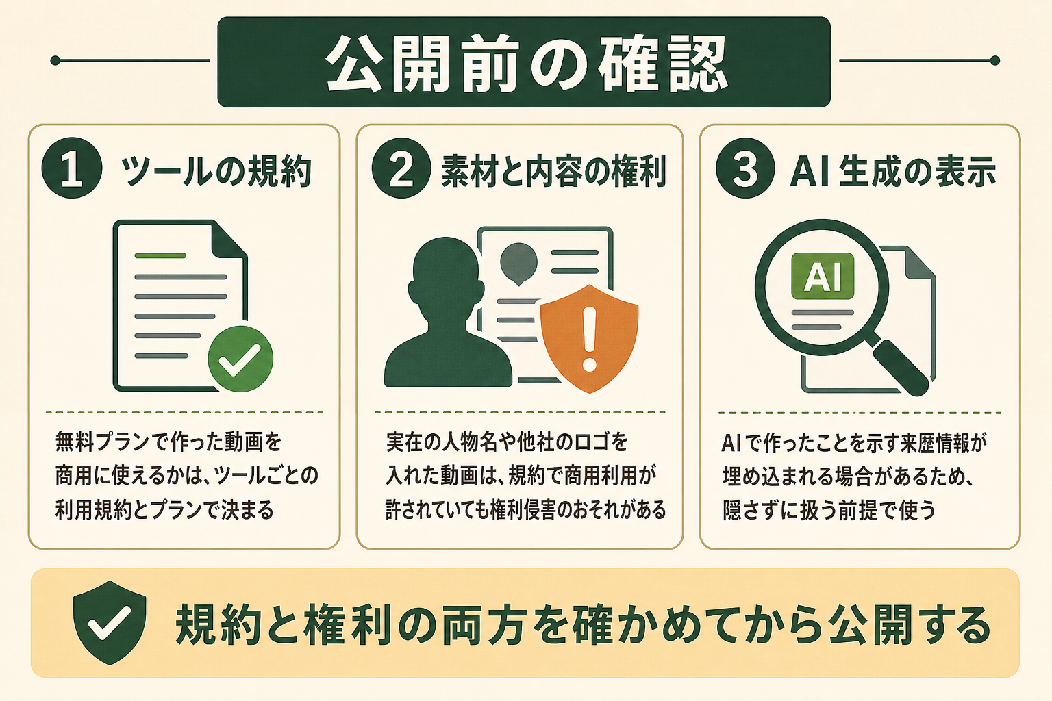 無料で作った動画の公開前の確認。ツールの規約、素材と内容の権利、AI生成の表示の3項目