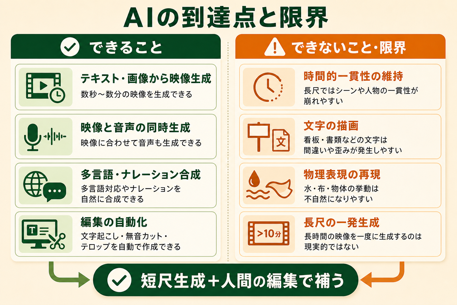 2026年6月時点の動画生成AIで「できること」と「できないこと（限界）」を左右の対比で示し、過度な期待を避けて現実的に使い分ける判断軸を一目で伝える。