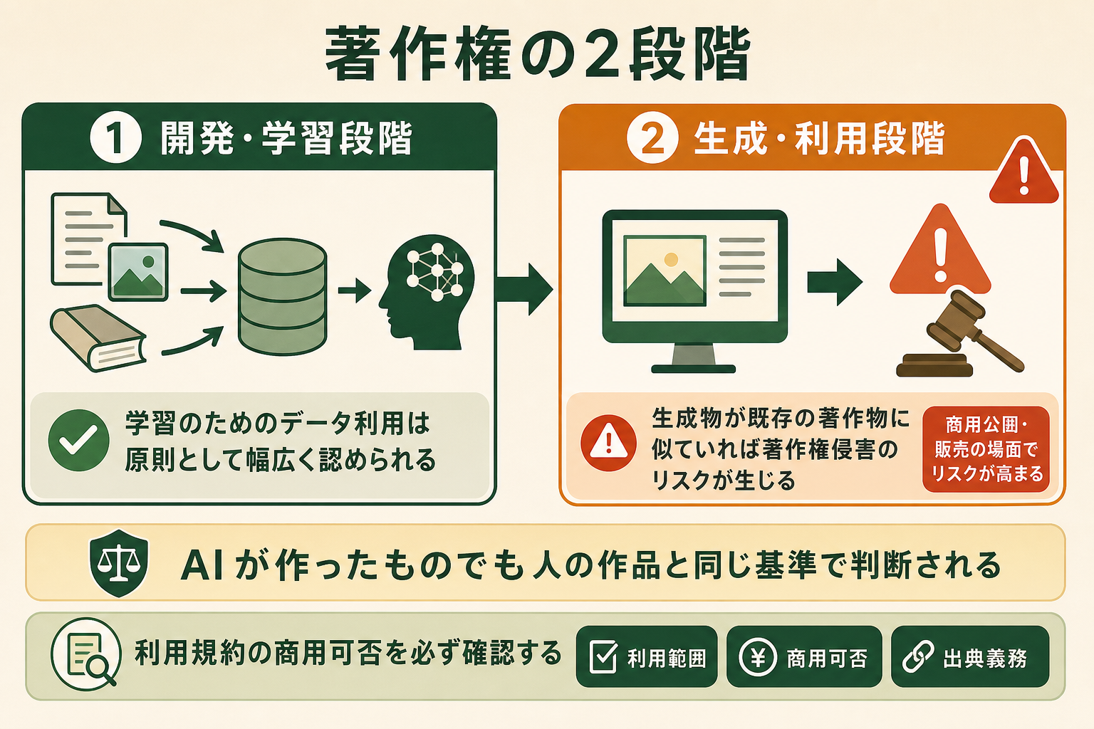 生成AIと著作権の関係を「開発・学習段階」と「生成・利用段階」の2段階に分けて整理し、商用利用時に注意すべきポイントを概念図で示す。