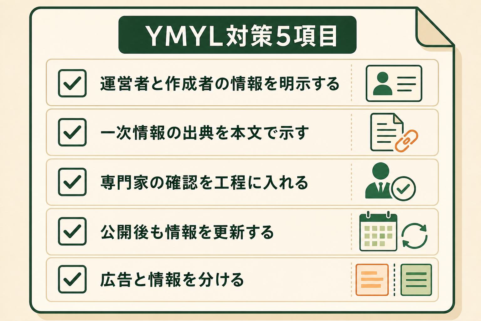 YMYL対策5項目の図解。運営者と作成者の情報を明示する、一次情報の出典を本文で示す、専門家の確認を工程に入れる、公開後も情報を更新する、広告と情報を分ける